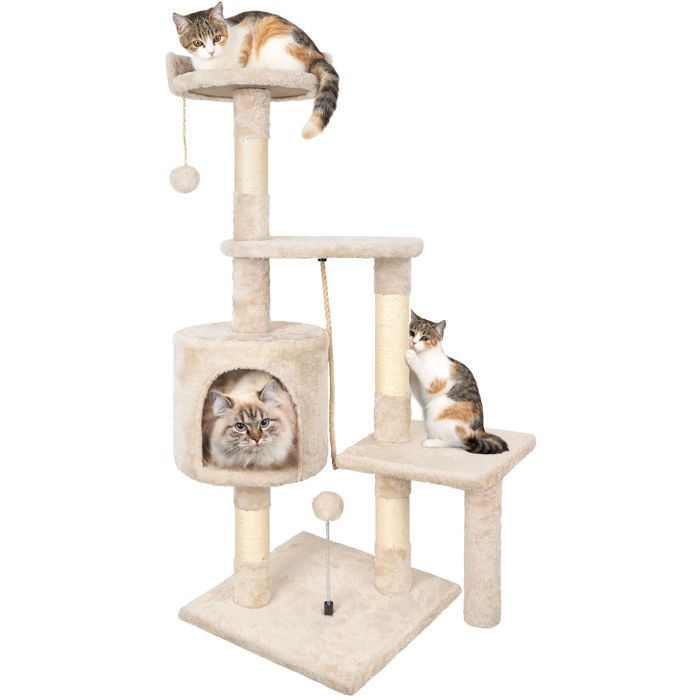 Arbre à Chat,112cmTour de Jeux Stable pour Chat,Arbre à Grimper Multi-Niveaux avec4Poteaux en Sisal,3Plateformes,Nid Douillet