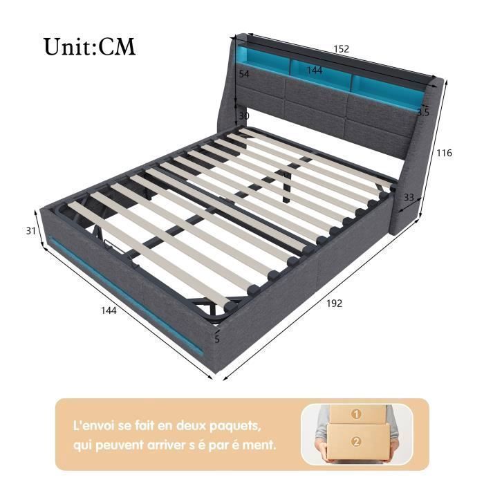 Letto 140x190 cm - PERGAR - Letto imbottito - Contenitore integrato - LED - USB