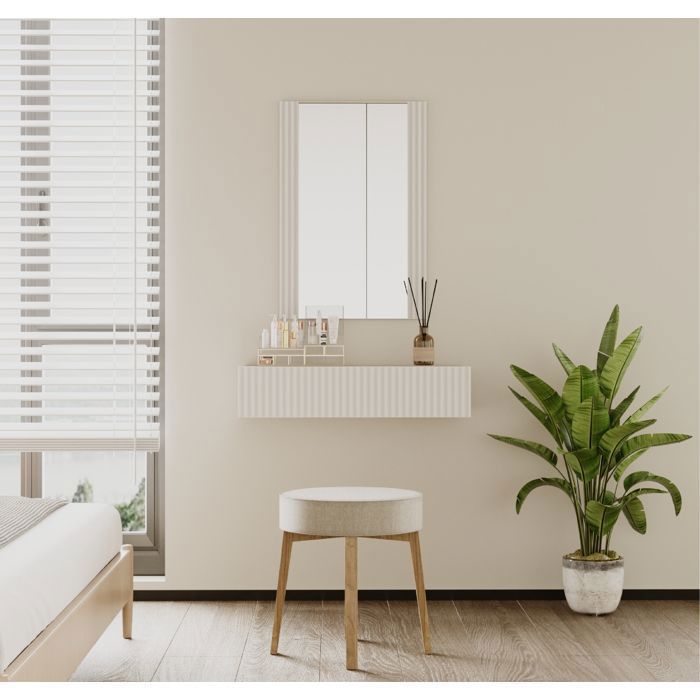 Fluted Dressing Table with Mirror and Drawer | Wall-Mounted Dressing Table for Bedroom | Matte White Finish | Velia Model