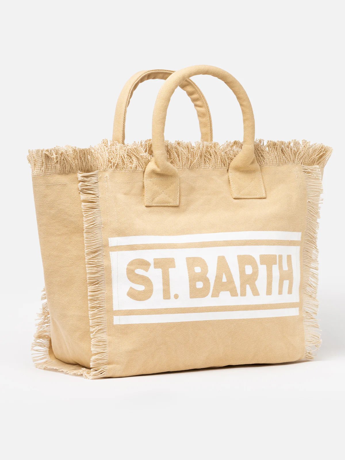 Sac cabas à franges en toile de coton Vanity | Beige, logo Saint Barth, rabat intérieur zippé, poche intérieure, spacieux et résistant | MC2 Saint Barth