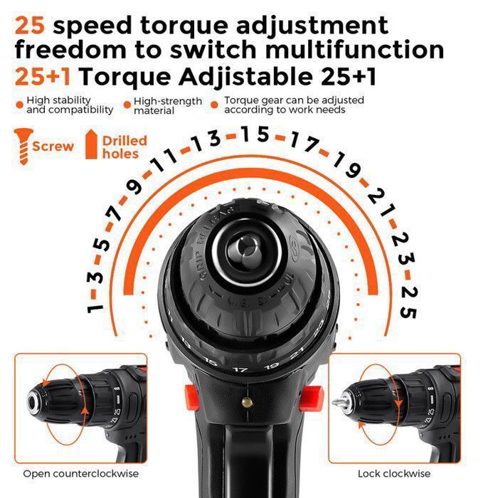 Taladro atornillador inalámbrico POWTOOLS - 21 V - 2 baterías de litio + 28 accesorios + cargador