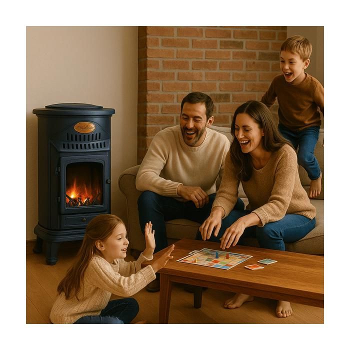 Estufa de gas de 3,4 kW, azul zafiro mate, efecto leña, hierro fundido auténtico + manguera de gas + regulador de butano, Provence Sahara