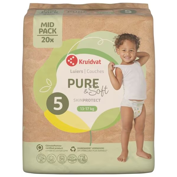Plienky Kruidvat Pure & Soft veľkosť 5, stredné balenie, veľkosť 5 (10-16 kg), 20 kusov