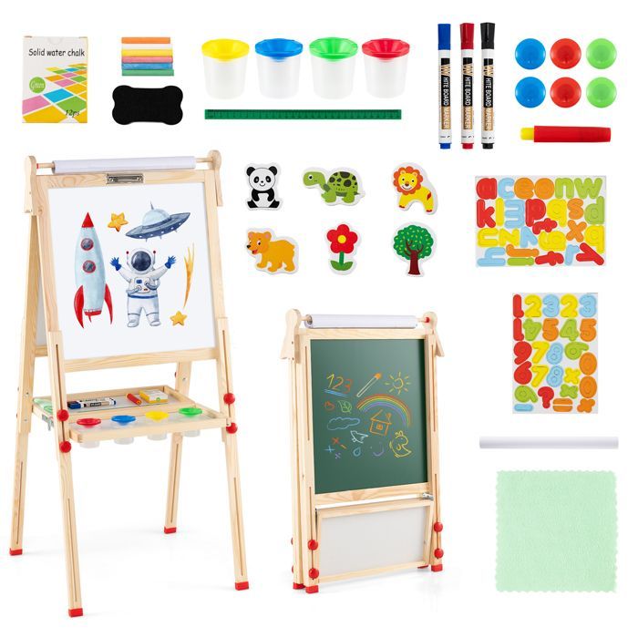 Tableau Enfants COSTWAY 88 Accessoires 2 Faces (Blanc & Noir),1 Rouleau de Papier, Chevalet d'Art en Bois 3-14 Ans