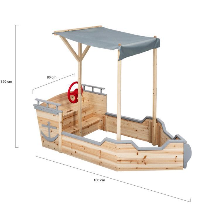 IDMARKET Bac à sable WORLD bois bateau de pirate avec banc coffre et toit gris