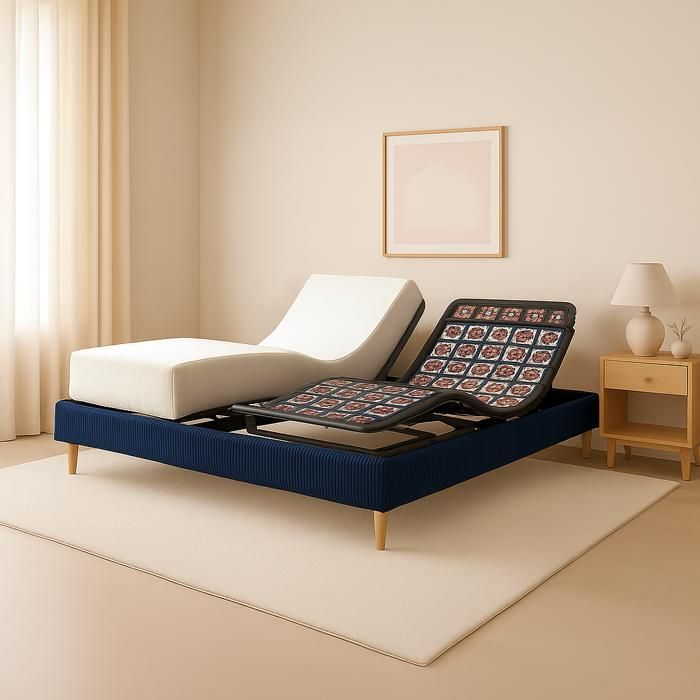 Set letto elettrico 140x190 blu – Base a doghe relax con bordo in velluto a coste + materasso
