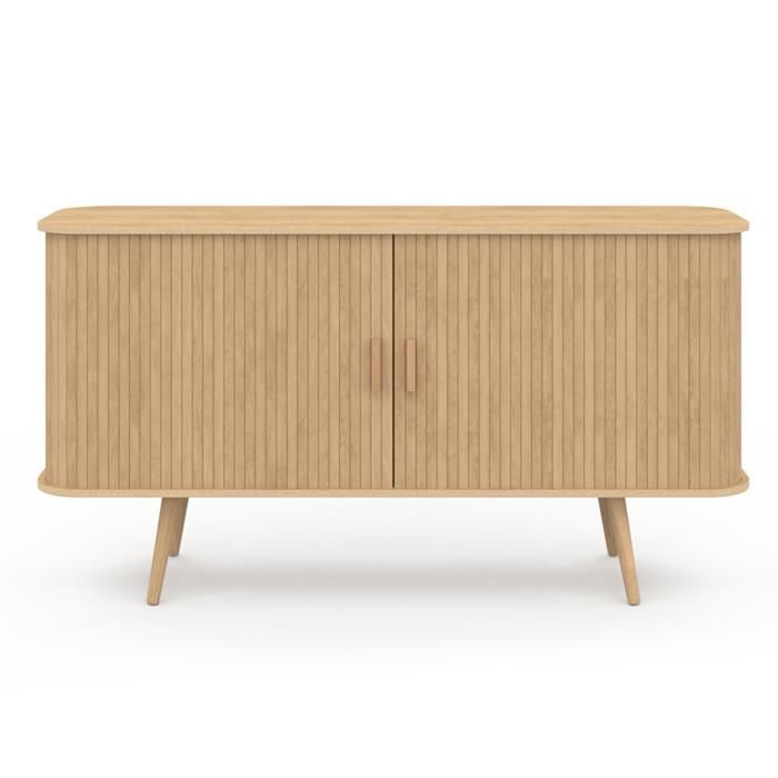 Aparador IDMARKET ROMIE de 140 cm con 2 puertas correderas, listones de madera y acabado en roble.