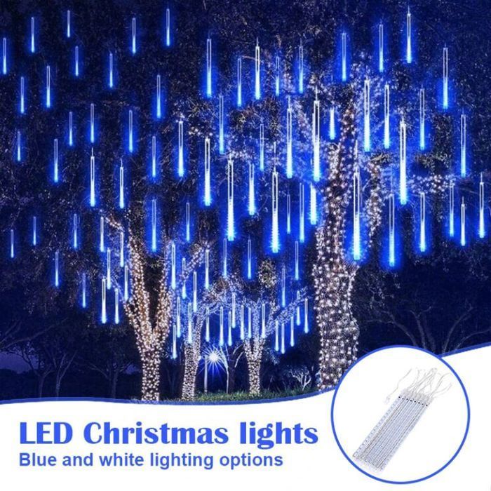 Guirnalda de luces navideñas con efecto lluvia de meteoritos, 8 tubos de 30 cm, LED impermeables para bodas, hogar, árbol y jardín – AZUL