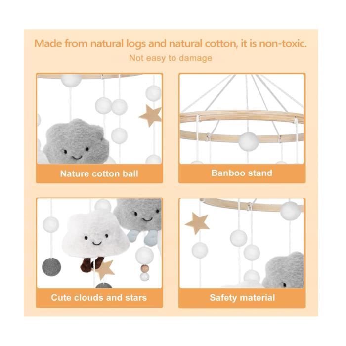 Campanillas de viento para bebé con bolas de fieltro - Nubes 3D - Campanillas de viento de madera - Para bebé - Gris