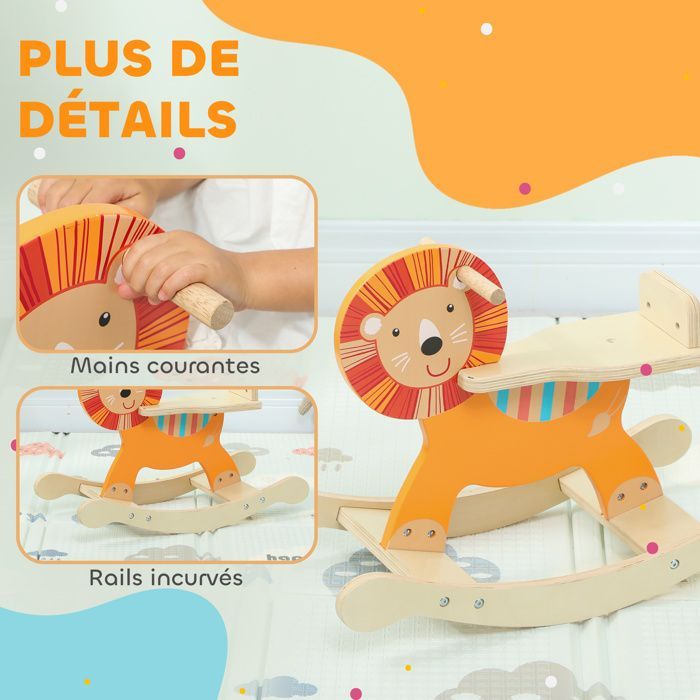 Caballo balancín infantil - AIYAPLAY - Manillar y base estables - Madera - 59 x 27 x 43 cm - Naranja