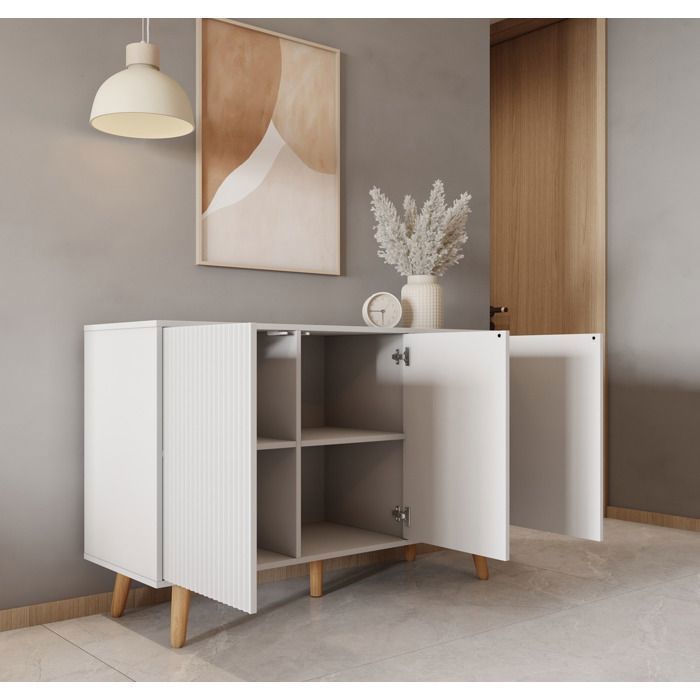 Credenza RENZO - Design scanalato 3D - 3 ante push-to-open - L 120 cm - Bianco opaco - Gambe 15 cm - Stile scandinavo