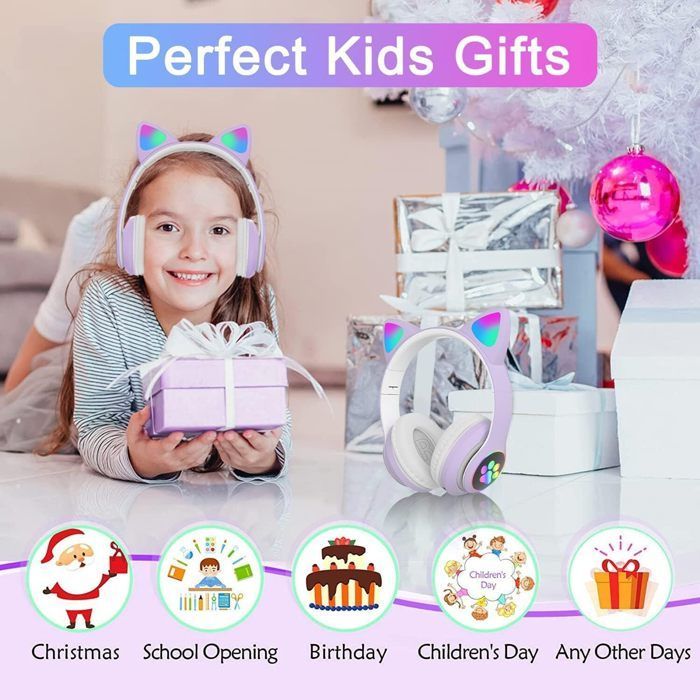 Casque Bluetooth Enfants - Mignon - Oreilles de Chat - LED Multicolores - Son Stéréo - Rechargeable
