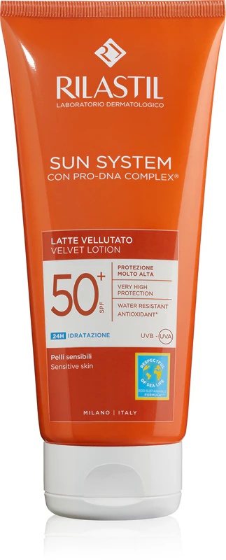 „Rilastil Sun System“ drėkinamasis apsauginis losjonas nuo saulės su SPF 50+
