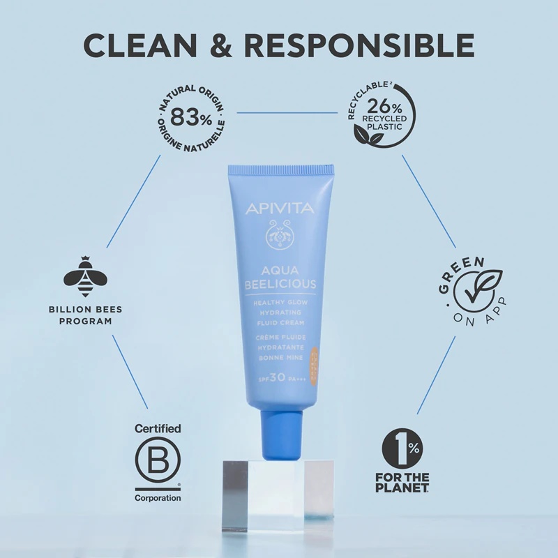 „Apivita Aqua Beelicious Tinted Fluid“ SPF30 šviesaus atspalvio fluidas su skaistinamuoju efektu.