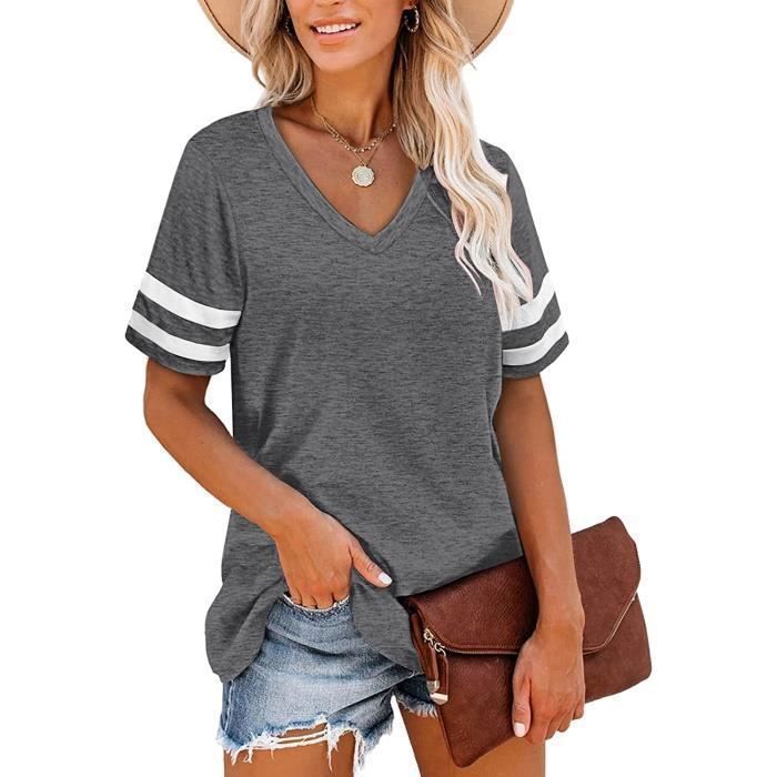 T-shirt femme - FONDUPIN - Rayé à manches courtes - Col en V - Gris