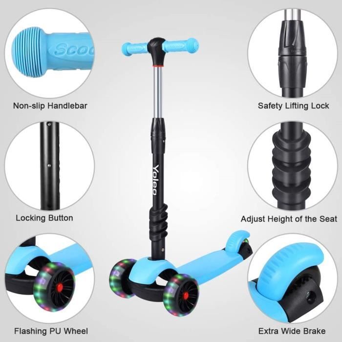 Patinete infantil YOLEO 3 em 1 - Azul - Rodas com luzes LED - Peso máximo suportado: 75 kg