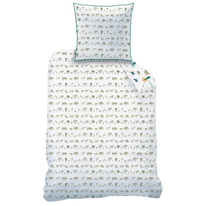 Parure de lit enfant 100% coton - MATT & ROSE - SAFARI - Blanc/kaki - 140x200+63x63cm