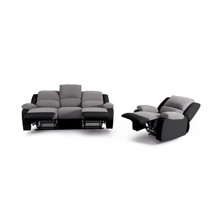 Ensemble de Canapés Relaxation manuel 3 places et 1 place Microfibre Grise / Simili Noir LEO - LOUNGITUDE