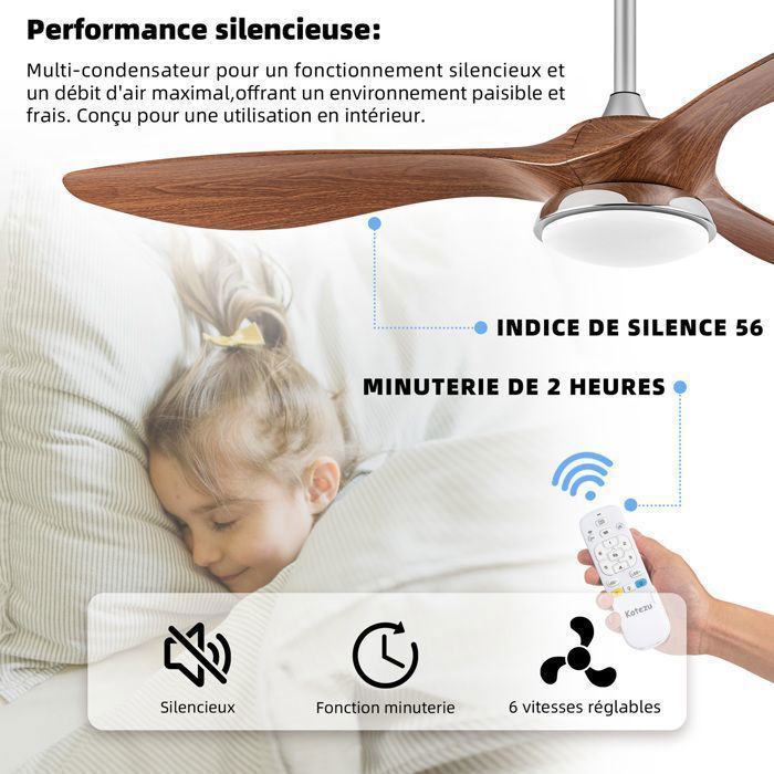 Ventilateur Plafond avec Lumiere,132 cm avec Lumière LED à Intensité Variable, Lames en ABS à Grain de Bois Modernes, Télécommande