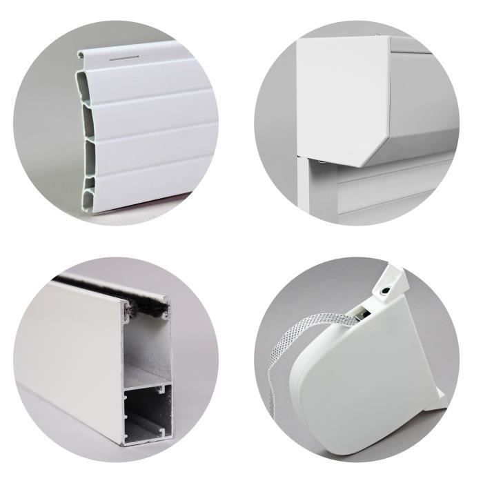 Persiana enrollable de PVC de 155 x 120 cm (alto x ancho), recortable en ancho y alto. Accionamiento manual con correa. Color blanco.