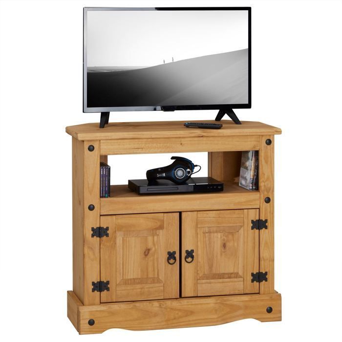 SALSA tv-meubel, 85 cm breed, van massief bruin hout met 2 deuren en een nis, woonkamermeubel in Mexicaanse stijl.