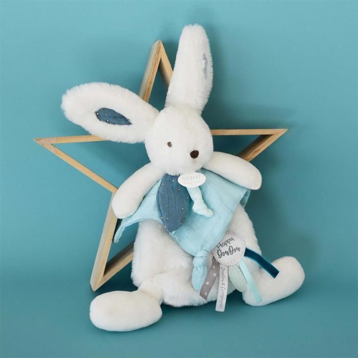 Doudou et Compagnie - Bunny Comforter - 25 cm - White/Peacock Blue - Pompom Peacock Bunny - Gift Idea - Happy Pop - Happy Doudou To You