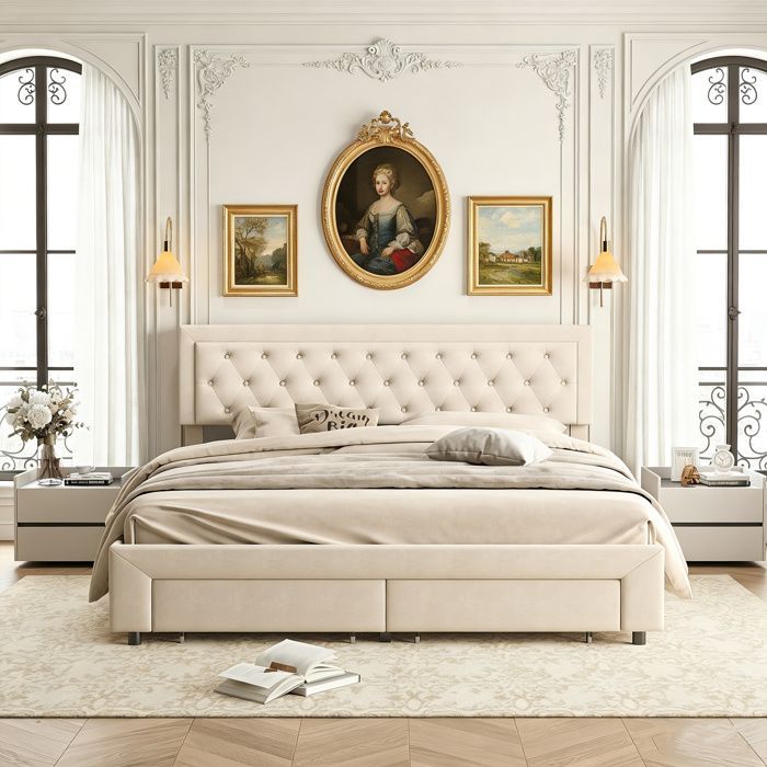 Cama de adulto de 180x200 cm con almacenamiento y somier de láminas, cama de 180x200 cm con 2 cajones, cama doble, tela de terciopelo, beige