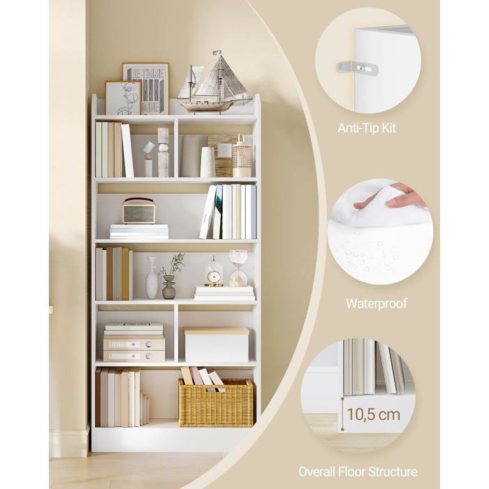 Estantería de 6 niveles, mueble para libros, separador de ambientes, para salón, dormitorio u oficina, 24 x 80 x 170 cm, blanca.