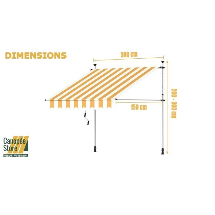 Manual Awning Canopy 300 x 150 cm - No Drilling Required - Adjustable with Crank - Yellow and White