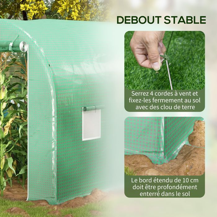 Serre de jardin tunnel - Outsunny - serre à tomates surface 8 m² châssis renforcé porte zippée - PE - 4x2x2,05m - vert
