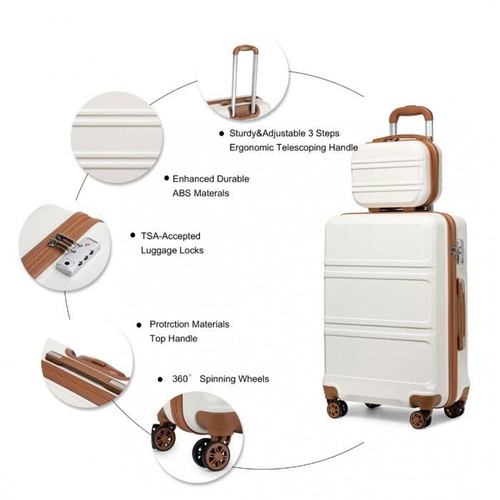 Juego de 4 maletas de viaje Kono de carcasa rígida ABS + PC, equipaje de cabina con neceser portátil + bolsa de viaje plegable para deportes, color crema.