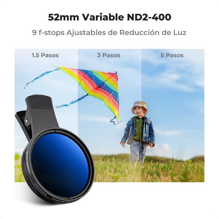 Filtre pour téléphone portable à clip 52 mm, lentille à densité neutre avec clip