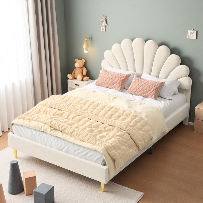 Lit 140x190 cm - COZY - Tête de lit en pétale - Velours beige - Lit enfant - 2 places