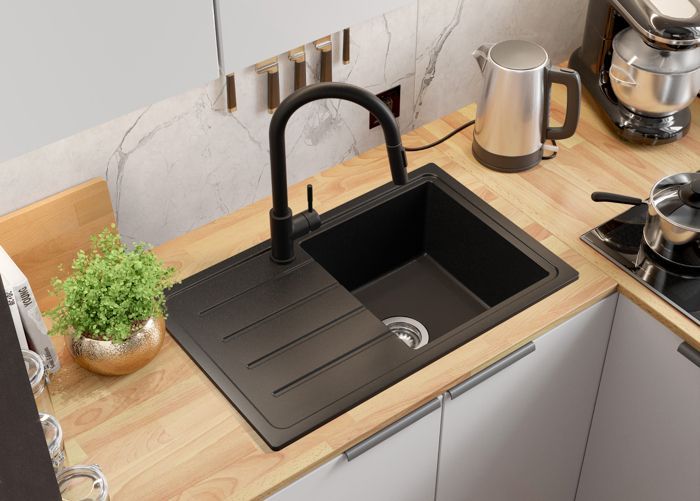 Primagran Copenhagen Easy 70x44cm granieten keukenwastafel, enkele kom + afvoerset + kraan 5010 zwart