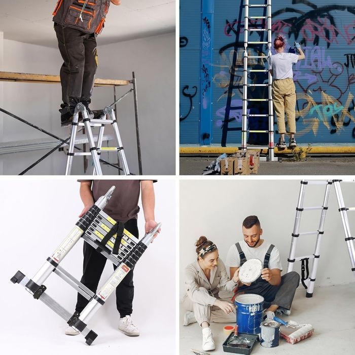 Escalera plegable telescópica multifuncional de aluminio de 3,8 m (1,9 m + 1,9 m), carga máxima de 150 kg.