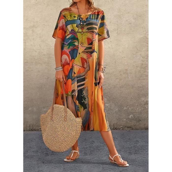 Dames midi-jurk met korte mouwen in bohemian stijl, ronde hals, kunstprint, losse pasvorm, zomerjurk, geel