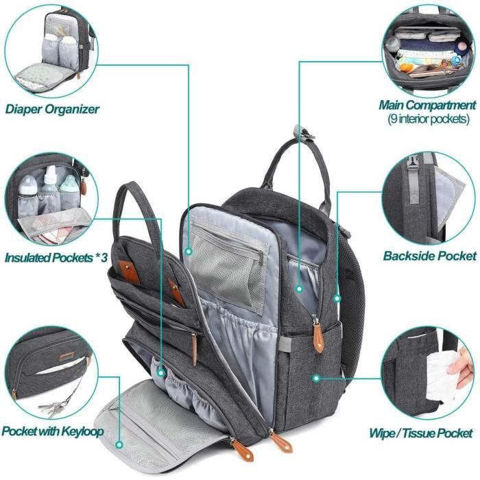 Diaper Backpack with Baby Changing Mat – Large Capacity Multifunctional Waterproof Diaper Bag – Dark Grey