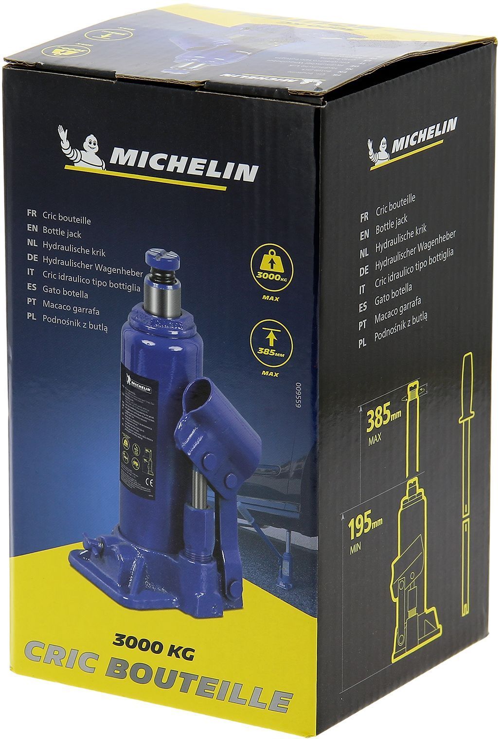 Cric hydraulique bouteille 3 tonnes hauteur levage 195mm à 385mm - MICHELIN - Pour le levage de voiture, SUV, utilitaires, 4x4.
