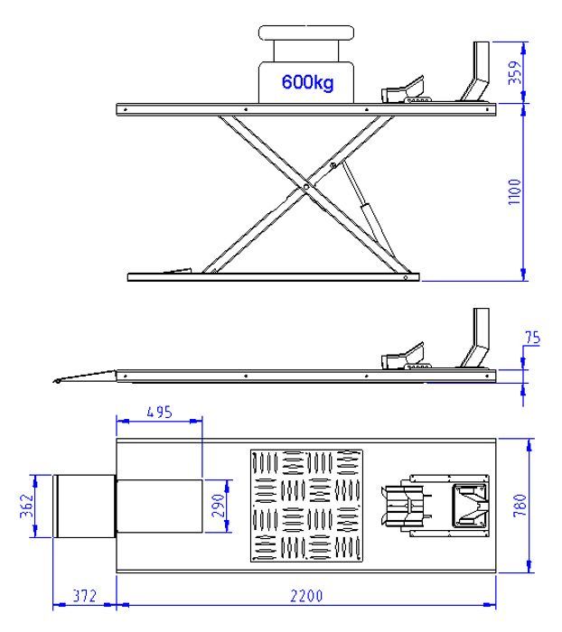 Elevador eléctrico profesional para motocicletas 230V - 1.1kW - 600kg 2200x780mm perfil extrabajo 75mm MW Tools ESB600PRO
