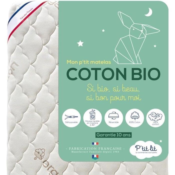 Materassino per neonati in cotone biologico - P'TIT LIT - 60x120 cm - Bianco - Spessore 12 cm - Comfort ottimale