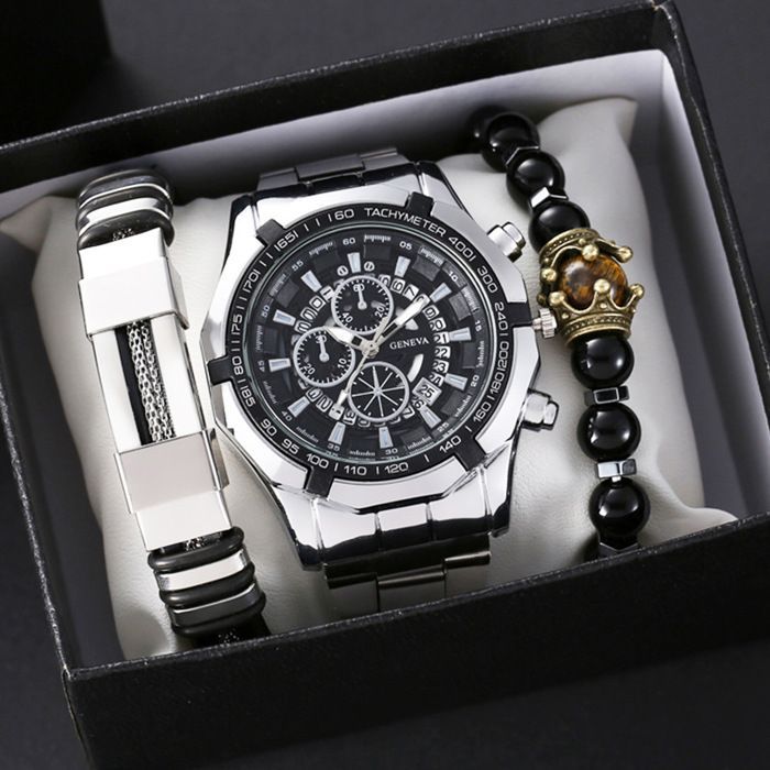 Conjunto de regalo SHARPHY para hombre: reloj + pulsera de perlas - Cronógrafo con calendario, pulsera de acero plateado, regalo de cumpleaños.
