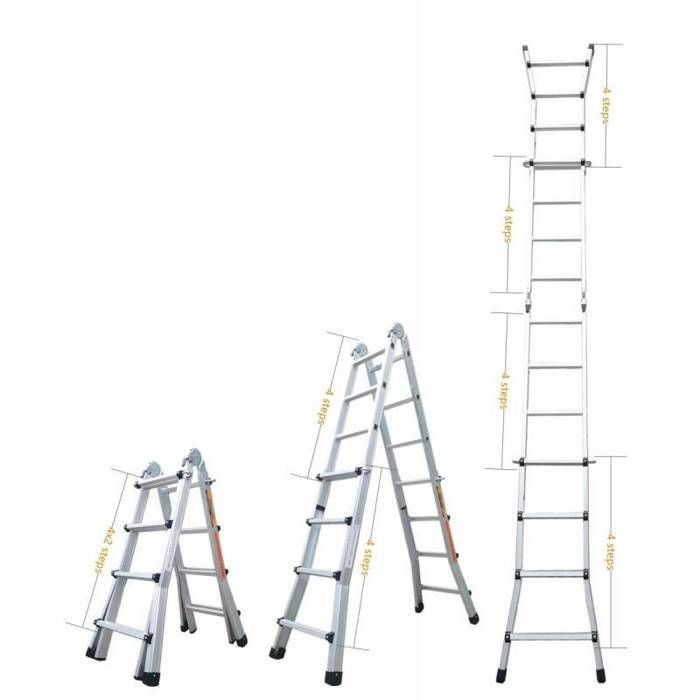 Escalera articulada de aluminio plegable y telescópica, 4x4 peldaños, 3,88 m + 2 estantes