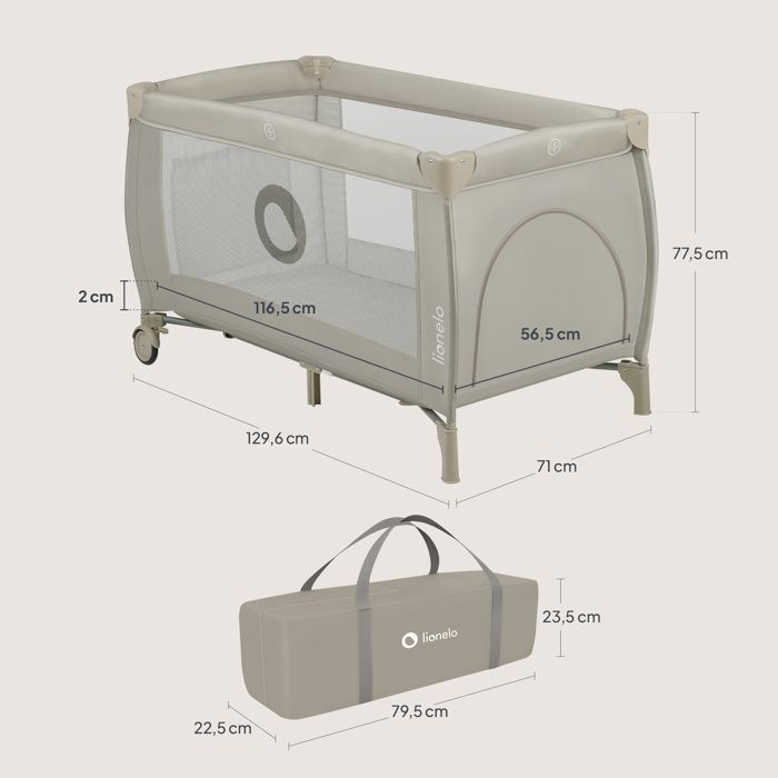 Cuna de viaje compacta 2 en 1 LIONELO Stefi Plus - Parque infantil - Colchón de espuma T25 - 0-36 meses - Plegado rápido - 2 ruedas - Beige