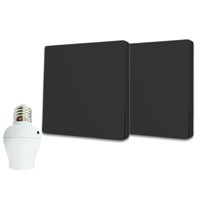 Wireless and battery-free two-way switch kit, ready to install - 2 push buttons + 1 E27 screw-in radio socket - BLACK