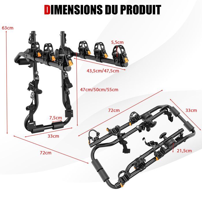 Portabicicletas trasero COSTWAY para 3 bicicletas con longitud y ángulo ajustables, plegable, capacidad de 45 kg para portones traseros de SUV universales, color negro.