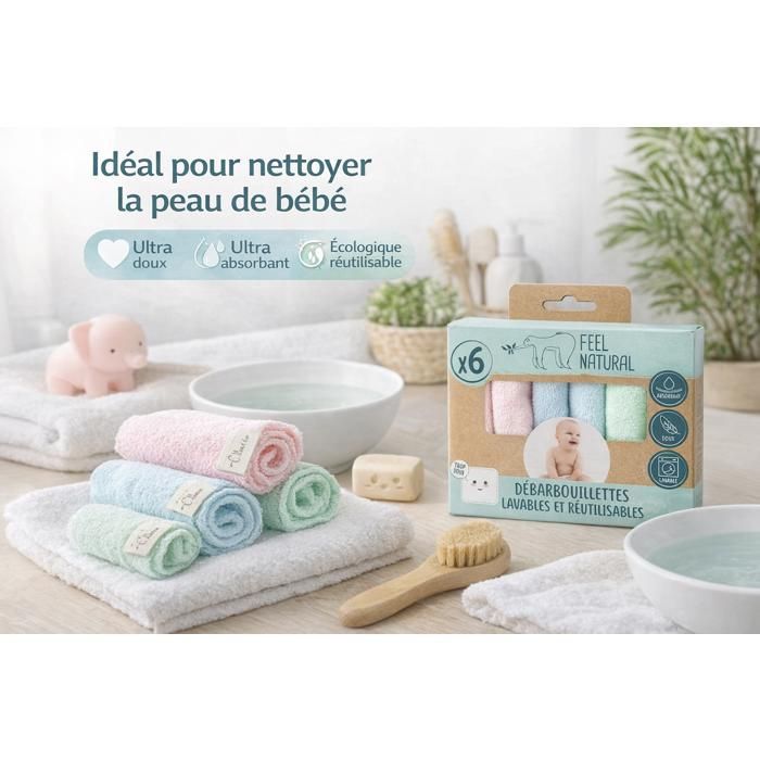 Lot de 6 Débarbouillettes Bébé Lavables et Réutilisables – Lingettes Ultra Douces Coton & Polyester – Peaux Sensibles