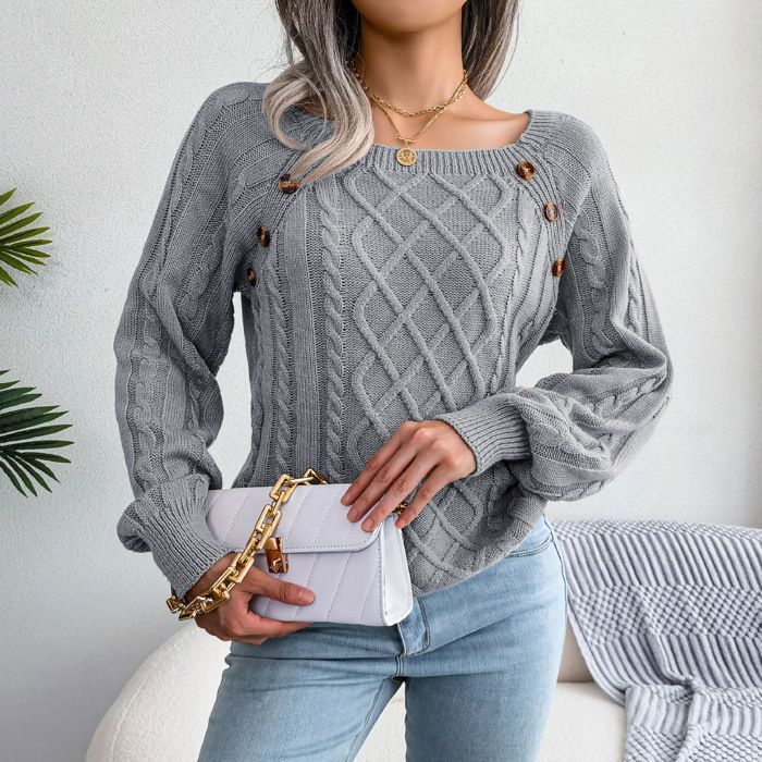 Pull Femme en Tricot Manches Longues Col Carré Pullover Lâche Torsadée Avec Boutons Couleur Unie Automne Hiver - Taille EU - Gris