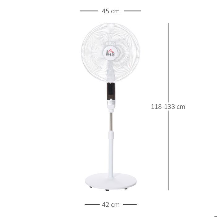 Ventilador de pedestal potente - HOMCOM - altura regulable - mando a distancia, 3 velocidades, oscilación y temporizador - Blanco