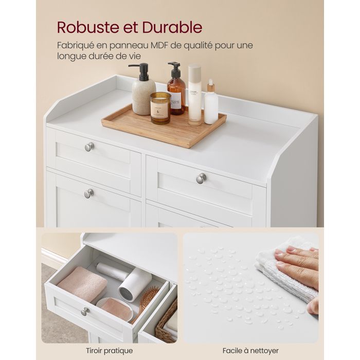 Meuble de Salle de Bain, avec Sac Intérieur Amovible avec Poignées, 2 Tiroirs et 2 Paniers à Linge, 40 x 78,9 x 80,2 cm, Blanc