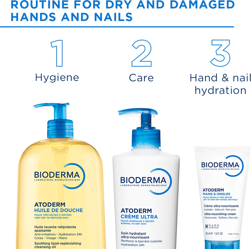Creme para mãos e unhas Bioderma Atoderm, indicado para pele seca e atópica.